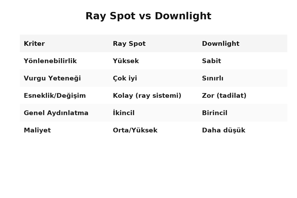 Ray spot vs downlight karşılaştırma görseli